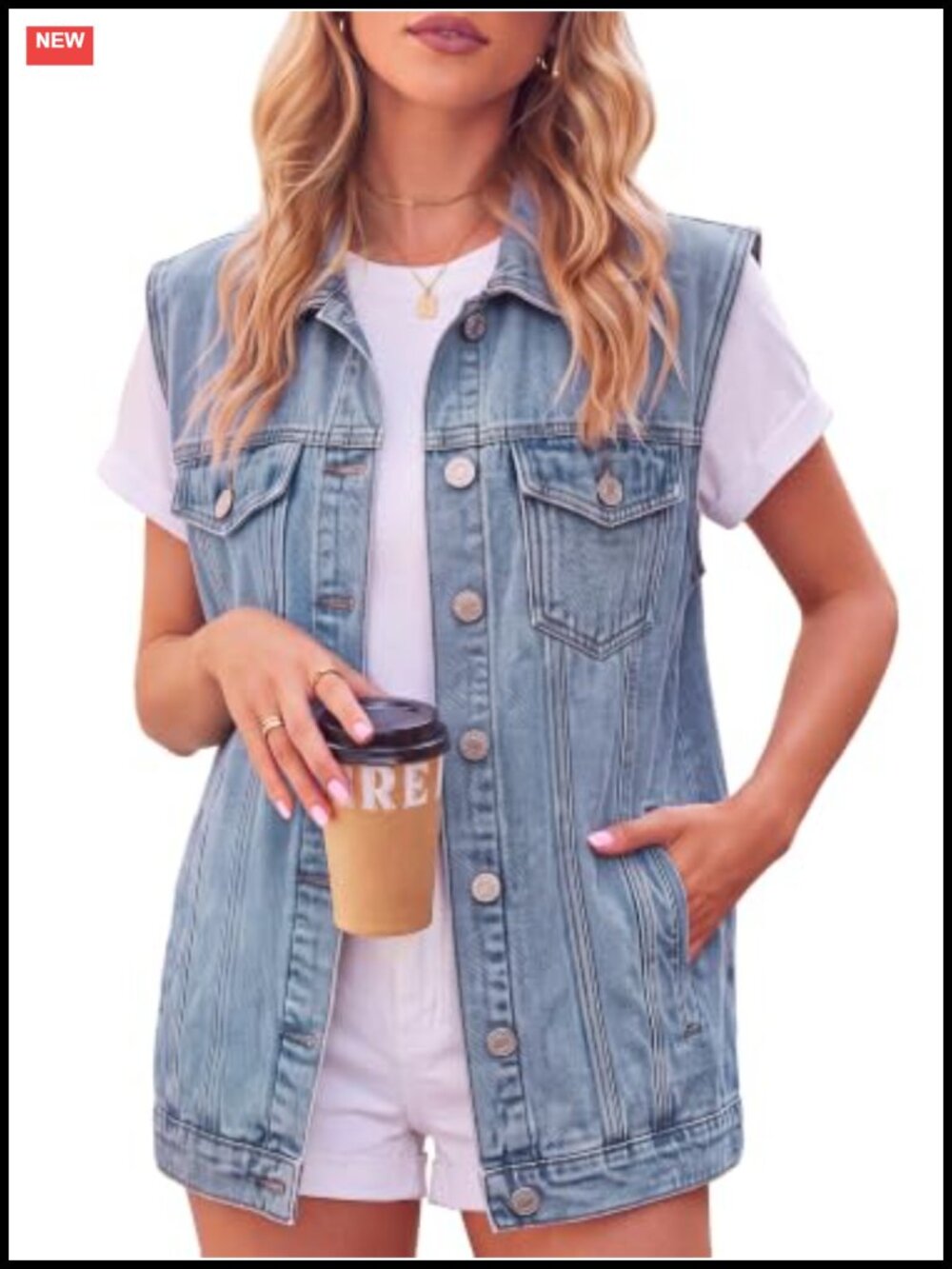Women's Oversized Sleeveless Denim Vest with Pockets